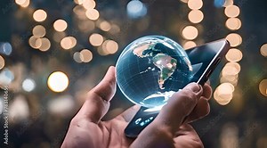 Connected World of Business: Businessman Touching Globe on Smartphone, Illustrating Global Business Connections and Networking