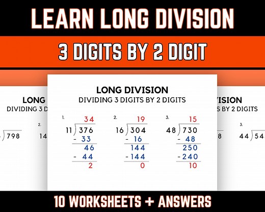 Long Division Practice Worksheets With Answers, 5th Grade Math, Dividing 3 Digit by 2 Digit Numbers, Printable PDF Download - Etsy