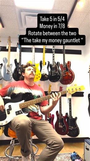 Teddy Freckles on Instagram: "The take my money and run with it bass gauntlet. Issa weird but it’s fun. My performance, like 7/10 maybe. Tone and left could be cleaner #money #take5 #pinkfloyd #jazz"