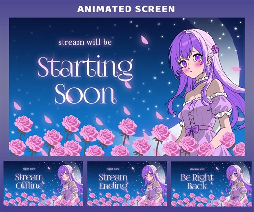 Moonlit Maiden Animated Screen Overlay Package, Purple Anime Aesthetic, Pink Sakura Overlay, Soft Moon Vibes, Night Anime Stream, Dreamystar - Etsy