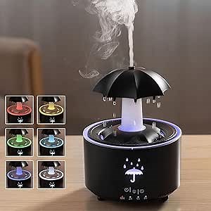 Raindrop Humidifier, Small Rotatable Aromatherapy Diffuser Air Humidifier, Desktop Diffuser with 7 Color Night Ligh and Timing for Bedroom, Rain Sound to Help Sleep, Gift for Family Friends (Black)