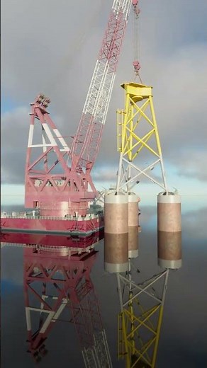 Foundation installation vessel lifting wtg suction bucket and jacket 3d animation