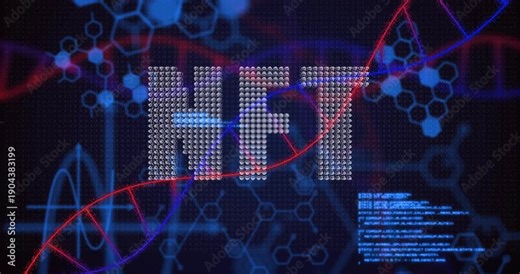 Particle cloud clustering to center, aligning dots into NFT, helix undulating, code scrolling