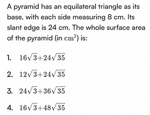 A pyramid has an equilateral triangle as its base, with each si... | Filo