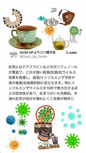 紅茶の強い殺菌/抗菌/抗ウイルス効果🫖🦠💨備忘録📝風邪/インフルエンザ予防や食中毒菌/虫歯菌抑制に役立ちます。特にインフルエンザウイルスを15秒で無力化するほどの即効性〜