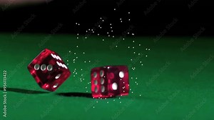 Rolling dice with sparkling particles animation over green surface
