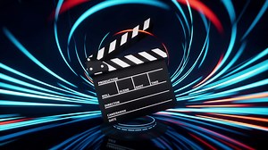 Clapper board with spin lines effect background, 3d rendering.