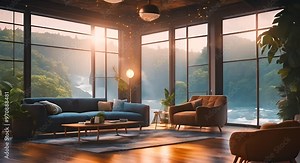 Stream overlay animation backgrounds live wallpapers seamless loop Cozy luxury living room round window with jungle rain view vtuber streamer gaming asset zoom screen Chill hip hop study video 4k anim