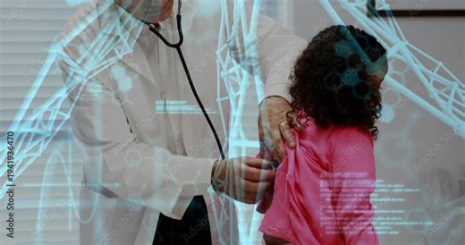 Clinic exam showing senior clinician placing stethoscope on child to check lungs, blue code overlay