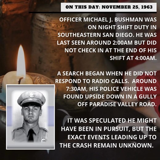 Today, we remember and honor Officer Bushman for his commitment and ultimate sacrifice made while serving our community. Officer Michael Bushman forever in our memories. | San Diego Police Officers Association