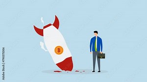 Bitcoin price collapse, Animation of sad bankrupt businessman falling into a rocket with bitcoin symbol.