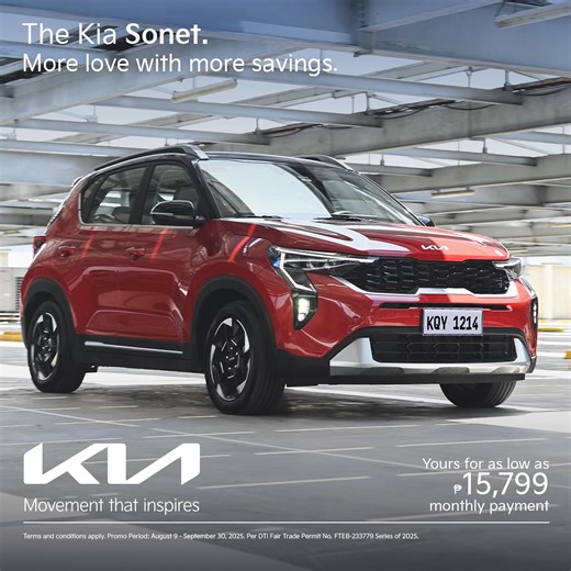 Indulge in a lovely drive with the Kia Sonet. Start driving this subcompact SUV and be ready to fall in love today with a choice from as low as P27,000 down payment, P15,799 low monthly installment, or with as much as P50,000 cash savings. Learn more at kia.com/ph/main.html or visit your nearest Kia dealership today. Terms and Conditions apply. Promo Period: August 9 - September 30, 2025. Per DTI Fair Trade Permit No. FTEB-233779 Series of 2025. #Kia #MovementThatInspires | Kia Philippines