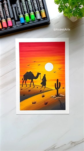 🐪 Easy Desert Sunset Scenery Drawing | Oil Pastel Step-by-Step Tutorial #Shorts