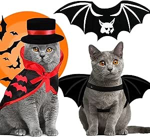 Cat Costumes Outfit Cat Bat Wings Wizard Witch Hat Cape 3 PCS Halloween Pet Costume for Cat Small Dog Kitten Puppy Outfits Clothes for Halloween Eve Pumpkin Party Cosplay (#4-Best Choice)