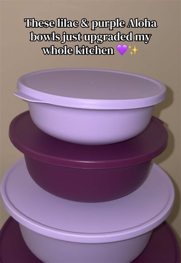 Set of 4 Tupperware Aloha Bowls in the prettiest lilac and purple shades 💜 Perfect for fruit, snacks, leftovers, or meal prep. Stackable, durable, and cute enough to leave on the counter. #tupperware #alohabowls #kitchenorganization #mealprepideas