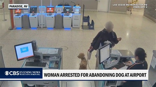 A woman was arrested for abandoning her dog after leaving the golden doodle at an airport counter in Las Vegas. Authorities say she was denied a boarding pass because she did not have the proper documentation for her pup. | CBS Evening News