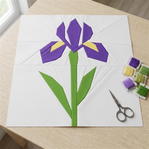 Iris Flower FPP Quilt Block Pattern – PDF Download | 4 Sizes Included