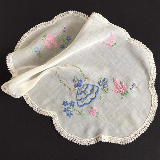 Vintage Hand Embroidered Table Centre Doily: Crinoline Lady in Garden - Etsy Canada