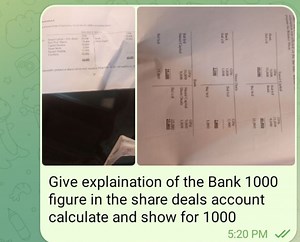 Explain the 'Bank 1,000' figure in the share deals account. Cal... | Filo