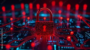 A red padlock on a circuit board with red lights in the background.