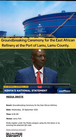 Happening now live from, 🇰🇪 At UNGA 81, President William Ruto speech today and official date announced for Groundbreaking Ceremony for the East African Refinery at the Port of Lamu, Lamu County that will happen on Wednesday 30 September 2026. #groundbreakingbreakingceremonyofeastafricaoilrefinaryinlamu #kenyantiktok🇰🇪 #rutoatunga #nairobitiktokers #peace @State House Kenya