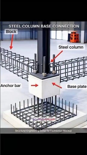 Steel Column Base Connection Detail Explained | Anchor Bolt & Base Plate | Civil Engineering #shorts