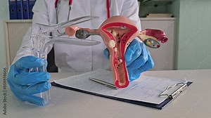 Gynecological instrument in the hands of a doctor. Expander mirror for gynecological procedures