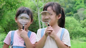 Download Children learn and explore nature with an outdoor magnifying glass. Curious child looks through a magnifying glass at the trees in the park. Two little sisters playing with magnifying glass. for free