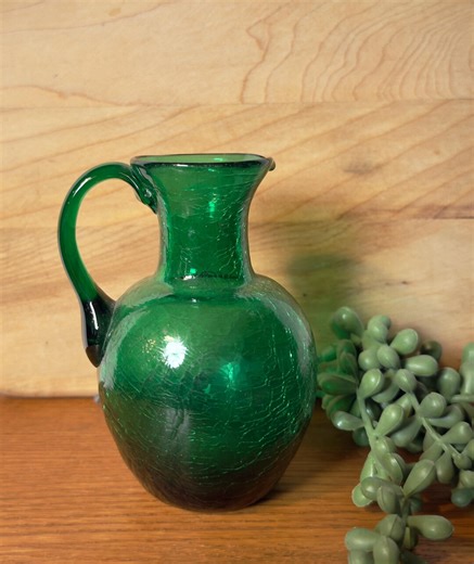 Emerald Green Crackle Glass Pitcher / Mid Century Hand Blown Vase - Etsy