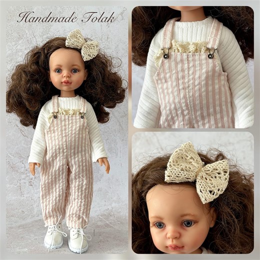 Romantic 3in1 Set for Paola Reina Dolls 32cm Ecru Blouse With Stripes, Lace Pin, Striped Dungarees, Handmade - Etsy
