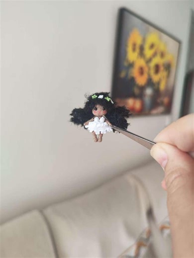 Tiny Crochet Black Hair Doll - Mini Handmade Bridal Style Doll With Flower Crown | Micro Knit Collectible Figurine - Etsy