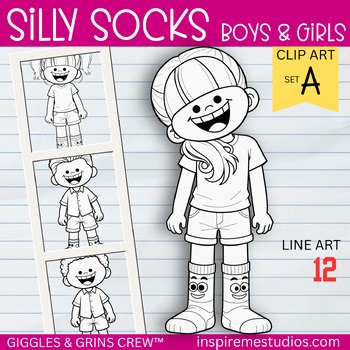 Silly Socks Kids Clipart Line Art — Crazy Sock Day, Spirit Week