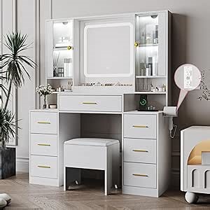 Makeup Vanity with LED Light Strip Mirror and Chair, 7 Drawers & 2 RGB Cabinets White Vanity Makeup Desk with Power Strip, Adjustable LED Lighting, and Cushioned Stool for Women, Girls, Teens