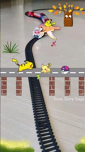 Pikachu is running on the bridge near the railway track and train is approaching fast