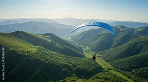 Blue paraglider sails high above verdant mountain landscape, drifting peacefully over valleys and hills in a sweeping aerial view.