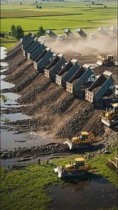 Massive Dump Truck Line Building a River Embankment