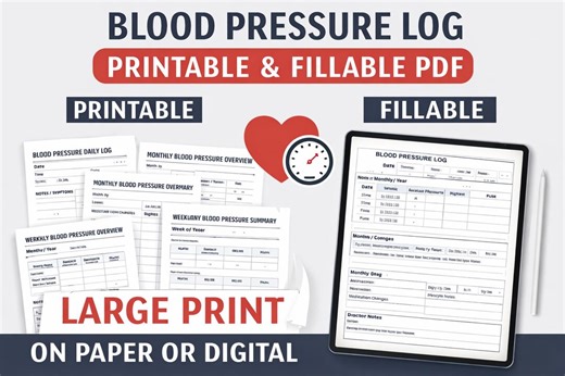 Blood Pressure Log Printable & Fillable PDF | Large Print BP Monitoring Journal - Etsy