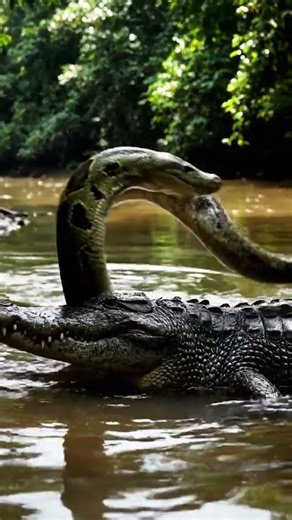 Big Python and Crocodile Playing on River in Forest #crocodile #python #viral #trending #playing