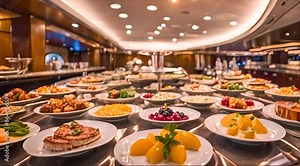 Dining Room Buffet onboard abstract luxury cruise ship. Healthy breakfast with a modern liner concept