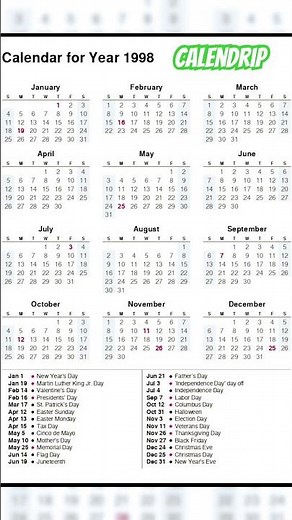 Calendar 1998 #monthsoftheyear