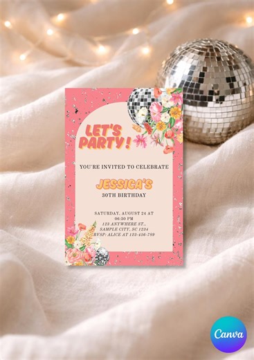 Let's Party Disco Ball Birthday Invitation | Birthday Invite | 30th Birthday Invite | Editable Canva Template | Digital Download - Etsy