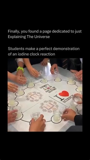 Explaining The Universe on Instagram: "Follow (us) @ExplainingTheUniverse to learn something NEW every day 🧠💫 The iodine clock reaction is a classic chemical kinetics experiment used to study reaction rates — how fast chemical reactions occur. It’s called a “clock” reaction because it suddenly changes color after a predictable time delay, almost like a stopwatch. • #explore #reels #viral #universe #explaining #space"