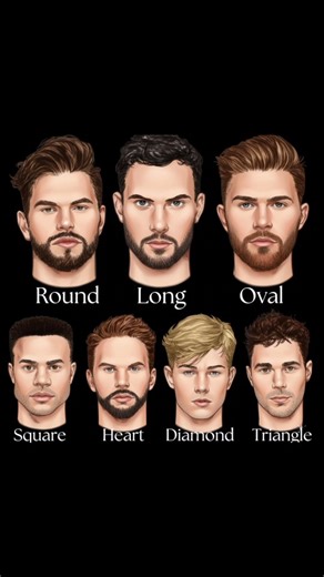 Men With Guide on Instagram: "Face Shape Guide for Men 🧔🏻‍♂️ Round • Long • Oval • Square • Heart • Diamond • Triangle. Which face shape is yours?"