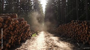 Dusty logging road through a pine forest lined with large stacks of cut timber logs. Concept of forestry, lumber industry, and deforestation in a rural, natural setting.