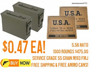 Winchester 5.56 Service Grade M193 55 Grain FMJ Ammo 1000 Rounds $0.47EA FREE Ammo-Cans & S&H