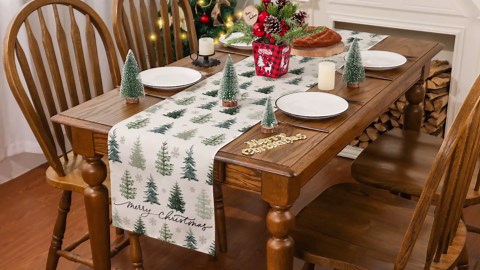 Christmas Table Runner, Merry Christmas Green Decorations Winter Holiday Home Decor, 13x72 inch, Polyester