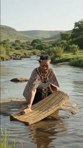 Zulu Queen washing mats by the river