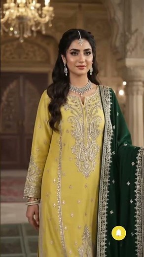 Elegant Yellow Pure Silk Dress with Dark Green Silk Shawl | Luxury Festive Collection 2026