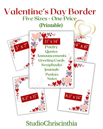 Valentine's Day Border Frame, Heart Printable Border, Printable Paper, Valentine's Day 2026, Digital Download, Five Sizes - Etsy