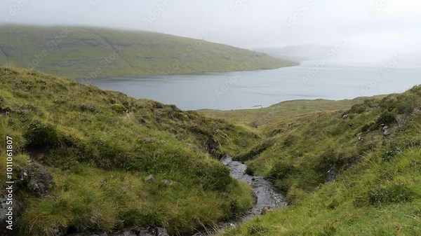 Sorvagsvatn Lake In Fog On Vagar Island, Faroes Islands. wide shot